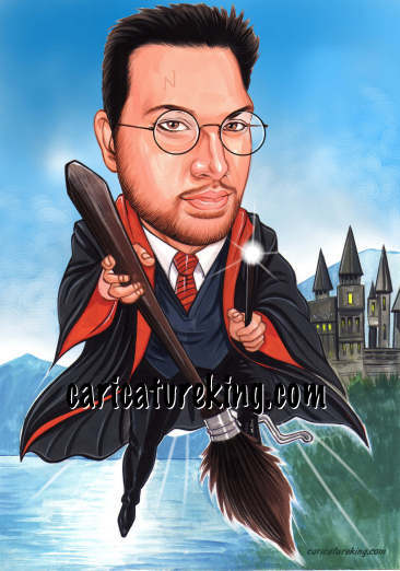 Caricature in Harry Potter style playing Quidditch!