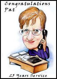 caricature art of a woman in an office answering a phone, celebtrating 25 years of service