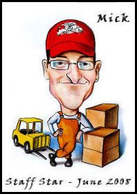 staff award caricature of a man standing, leaning on boxes with forklift in the background. Site allows ordering of custom caricatures