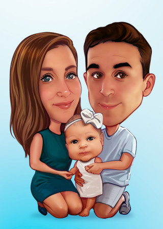 Caricature of mother and father with baby