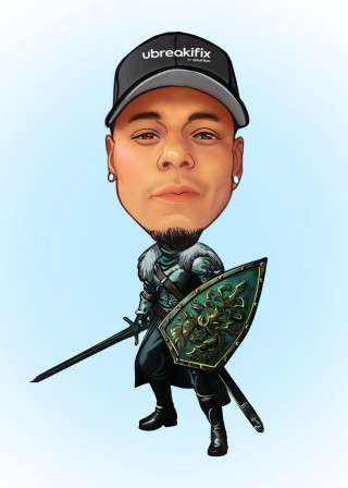 Caricature of man with shield