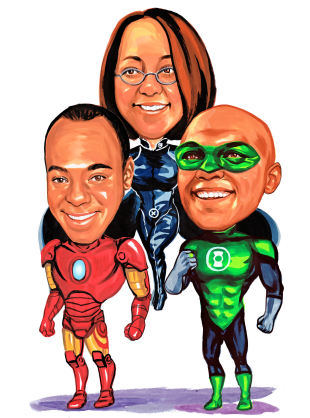 caricature of three Marvel superheros