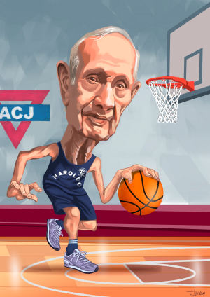 older man playing basketball caricature art