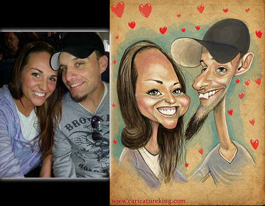 caricature artist drawing of happy couple smiling with love hearts
