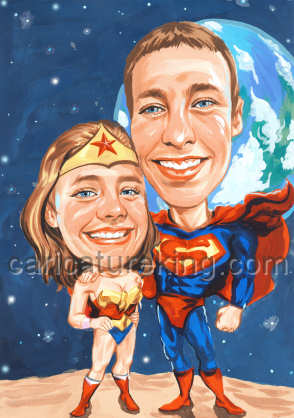 couple in superhero theme caricature
