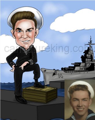 caricature of sailor with ship in background