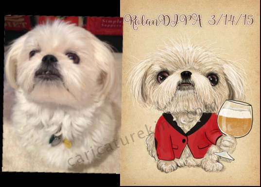 dog in smoking jacket holding sniffer glass of beer