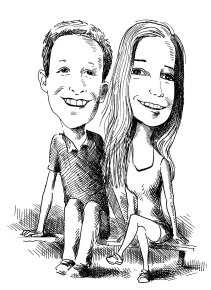 happy young couple, black and white drawing